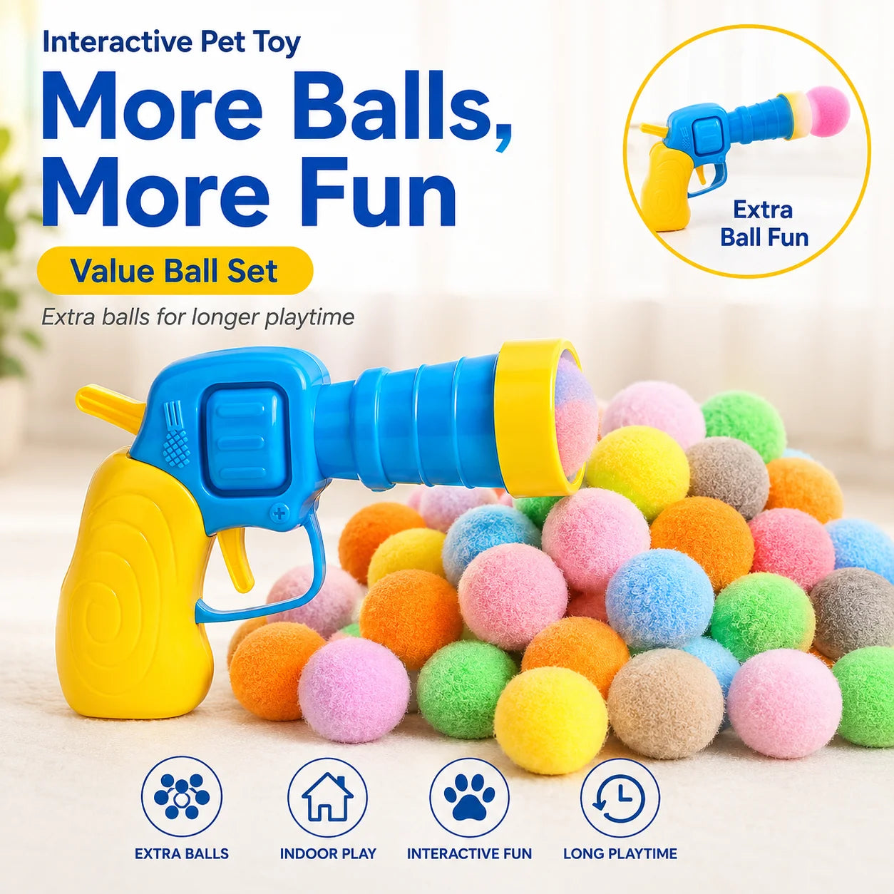 Interactive Cat Toy Pom Pom Ball Launcher Quiet Fuzzy Ball Shooter Indoor Chase Play Kit with 100 Colorful Soft Balls for Cats