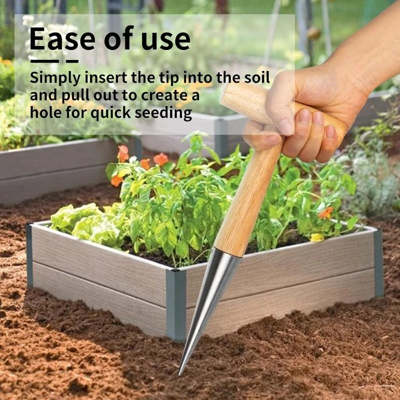 Durable Rust Proof Wood Handle Hand Dibber Hole Puncher for Seed Sowing Plant Transplanting Bulb Planting Remover Tool