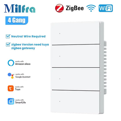 Milfra Smart Switch Zigbee WIFI Light Switch 1/2/3/4/6 Gang Voice Control Work With Alexa Google Home Tuya Control With Neutral