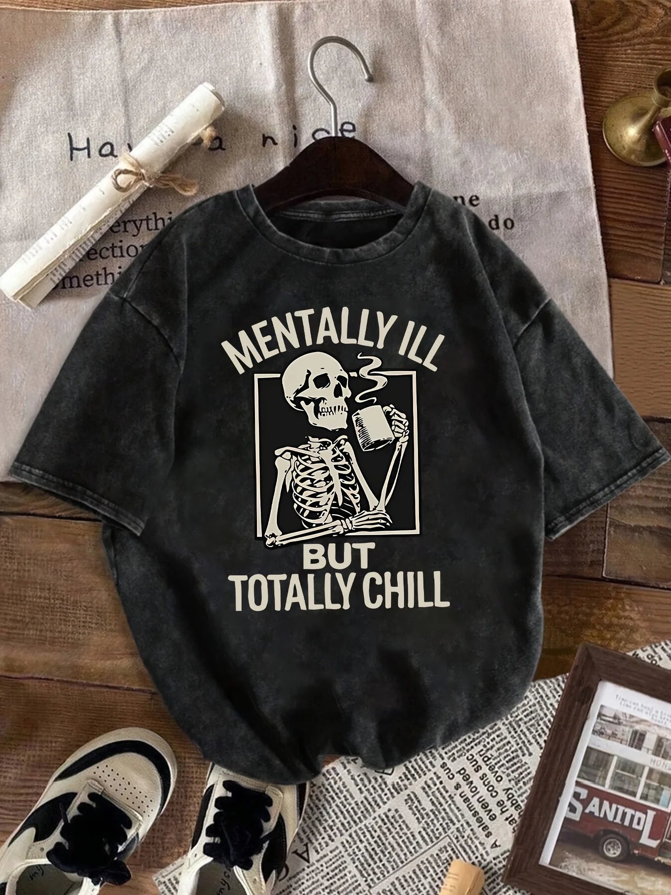 Unisex 100% Cotton Washed T-shirt  "Mentally Ill But Totally Chill" Skull Graphic T Shirt Vintage Washed Casual Skull Print Tee