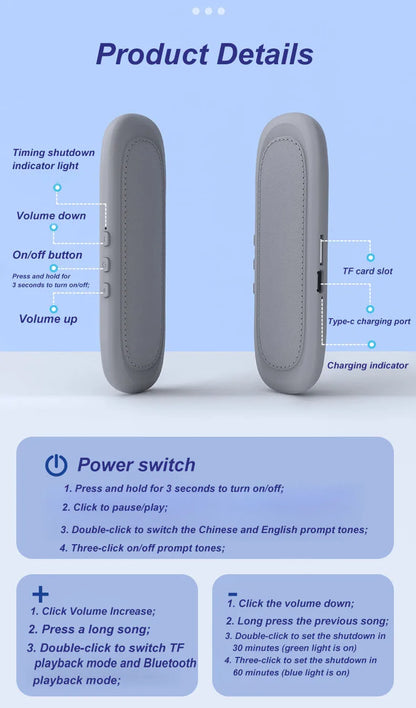 Mini Bone Conduction Bluetooth Speaker Sleep Aid Wireless Sound Bar Under Pillow Stereo TF Card MP3 Music Player Timed Shutdown