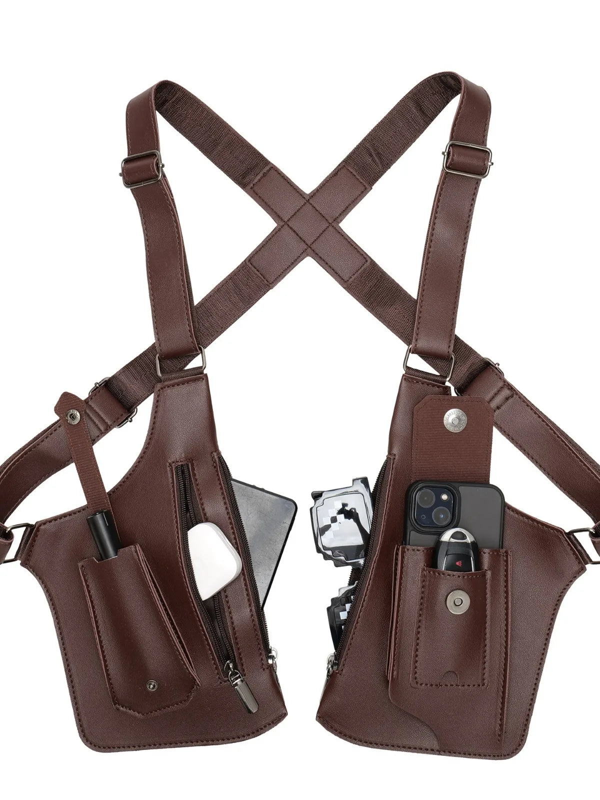HOMEFISH Double Shoulder Strap Tactical Fishing Bag Waterproof PU Multi-Pocket Outdoor Anti-Theft Crossbody Bag Multi-Purpose