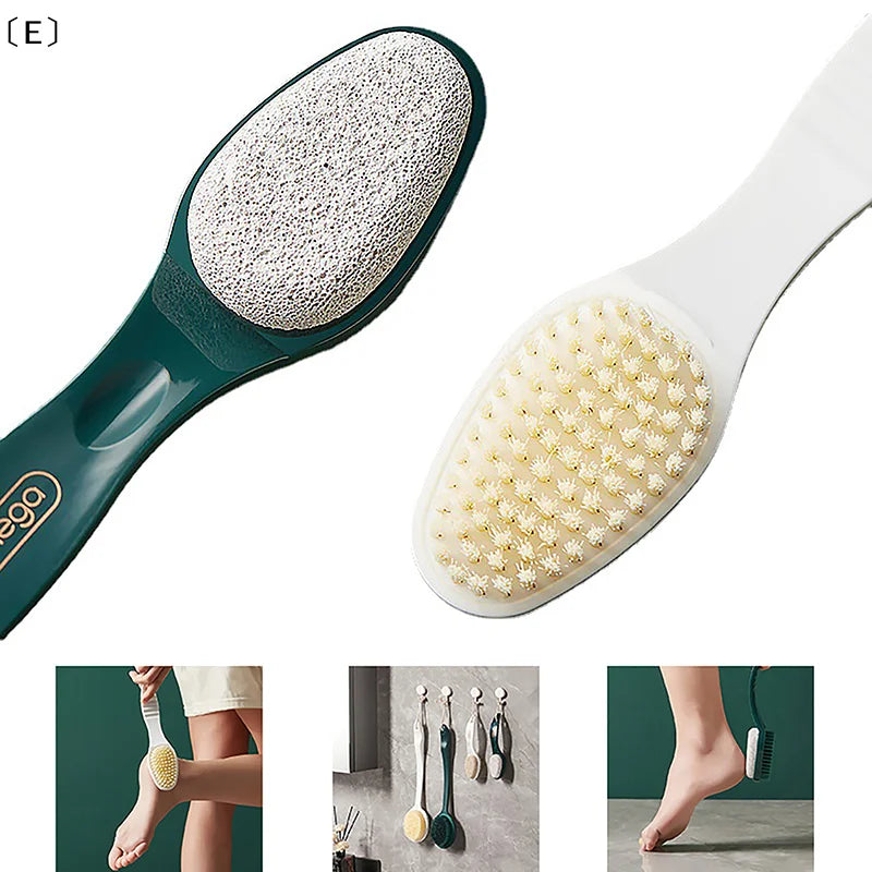 〔E〕2 In 1 Pumice Stone Foot Brush Scrubber With Handle Feet Exfoliating Dead Skin Remover Massage Brush Pedicure Tool Unisex