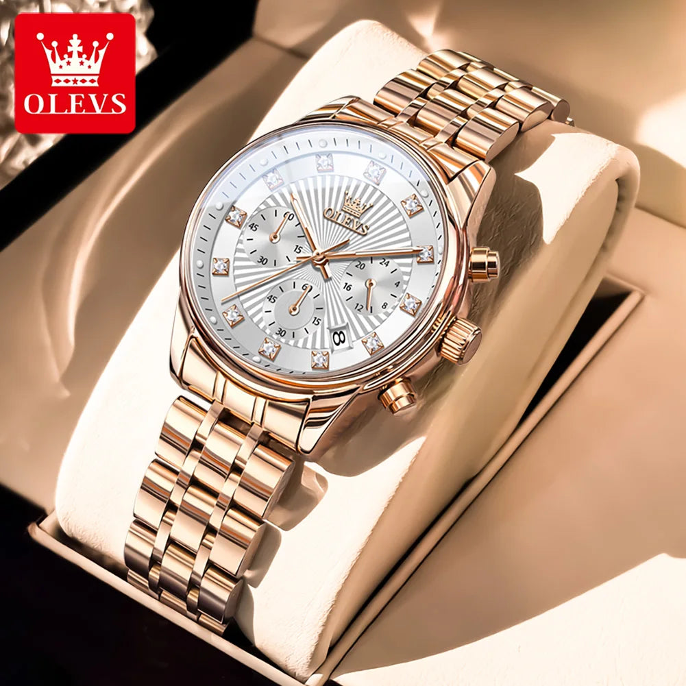 OLEVS 3669 Original Chronograph Quartz Wristwatch for Lady Calendar Waterproof Steel Strap Elegant Dress Women's Watches