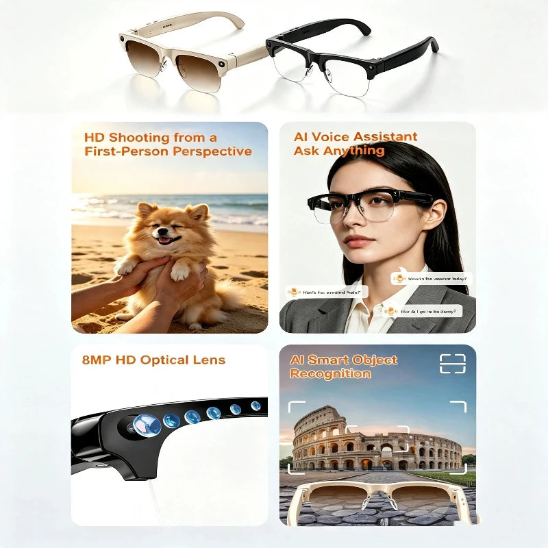 Semi-frame 1200W Pixel Camera Glasses with AI Voice Translation Smart Bluetooth Features Includes 3 Lense Travel Office