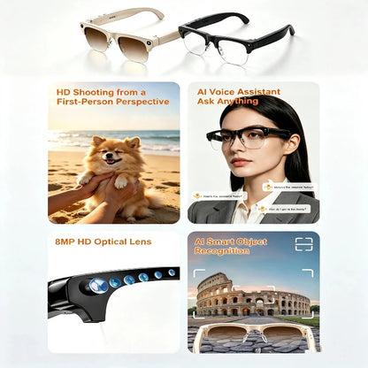 Semi-frame 1200W Pixel Camera Glasses with AI Voice Translation Smart Bluetooth Features Includes 3 Lense Travel Office