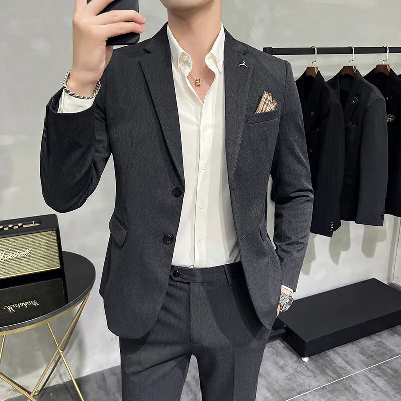 High quality Korean slim fit (suit + trousers) Fashion business handsome casual solid color wedding suit two-piece set