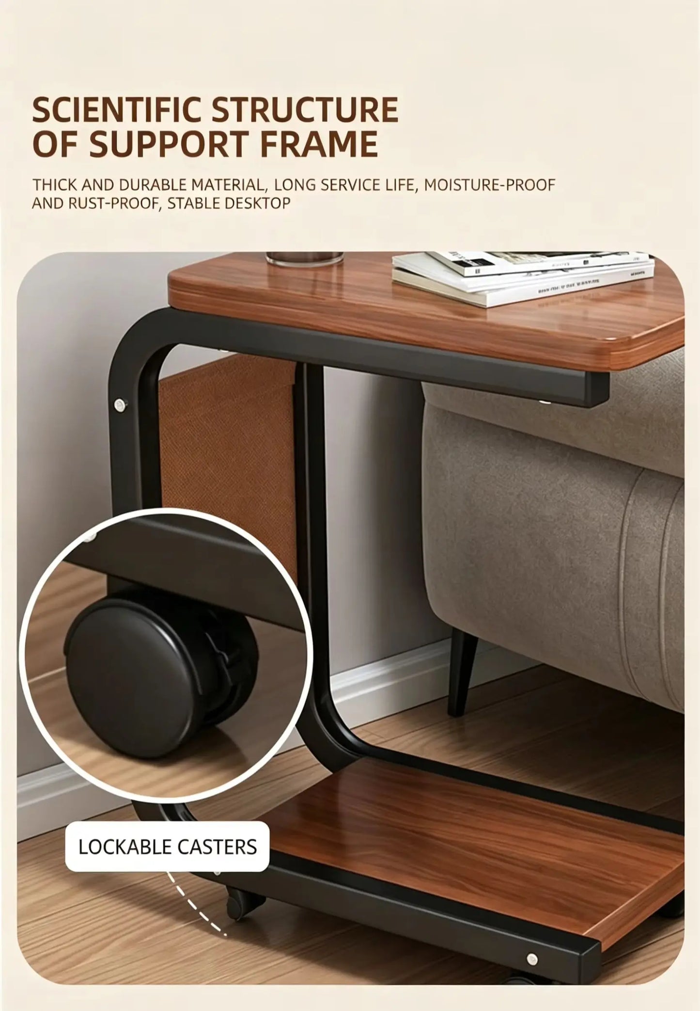 Movable small edge table with antique style for home use, wheeled living room, bedroom, storage rack, small cart, coffee table