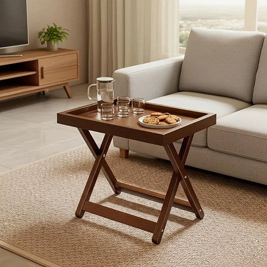 Foldable Wooden Side Table – X-Shape Coffee Table, Raised Edge – Multi-Functional Bedside for Living & Bedroom – Easy Storage
