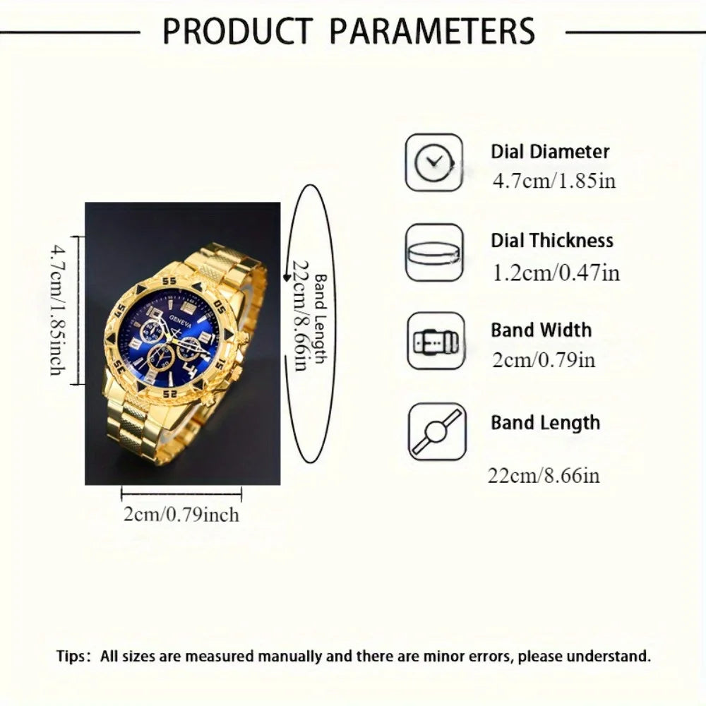 4 Pcs/Set Fashion Men's Watches  Alloy Men Quartz Wrist Watch Casual Business Mens Clock Necklace Bracelet Ring Set