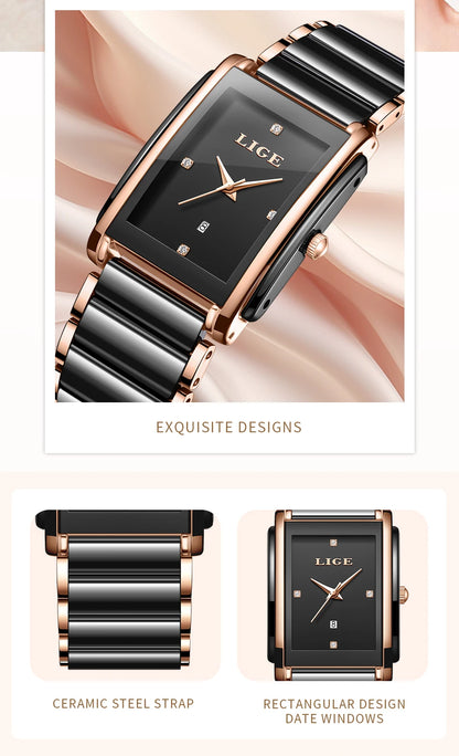 LIGE Creative Square Watch For Women Fashion Elegant Women's Bracelet Watch Stainless Steel Waterproof Date Quartz Wristwatches