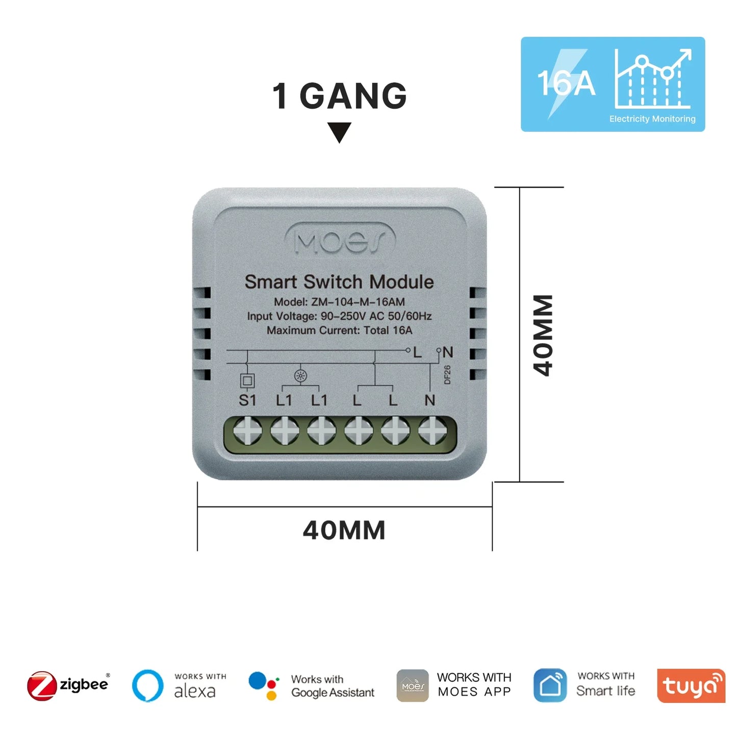 MOES Tuya ZigBee Smart Switch Module Electricity Consumption Monitor Timer Diy Breaker Light Switch 1 Gang Support Alexa Google