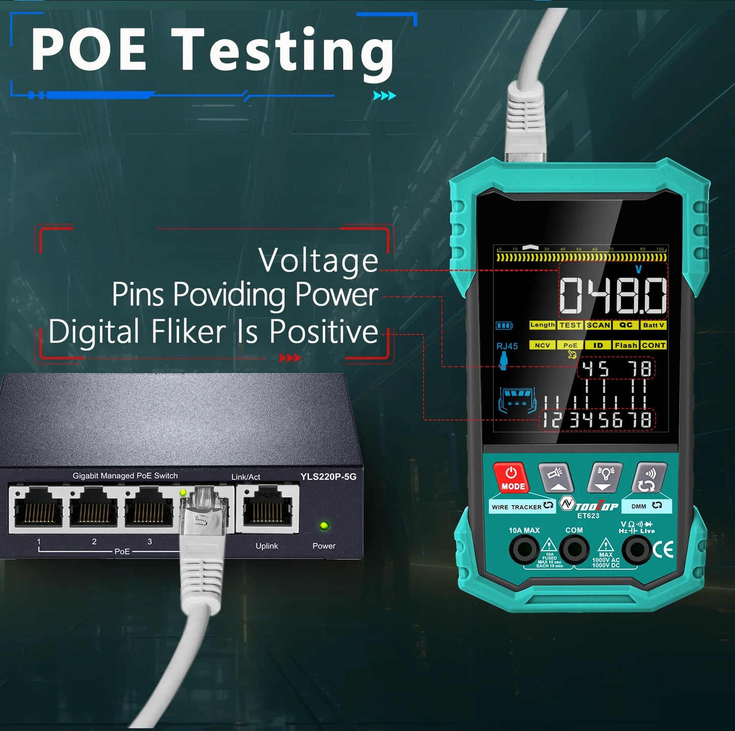 TOOLTOP 3,2-calowy wielofunkcyjny tester kabli sieciowych 400M z testem POE, mapowaniem kabli LAN, multimetrem, NCV i lokalizatorem linii telefonicznych