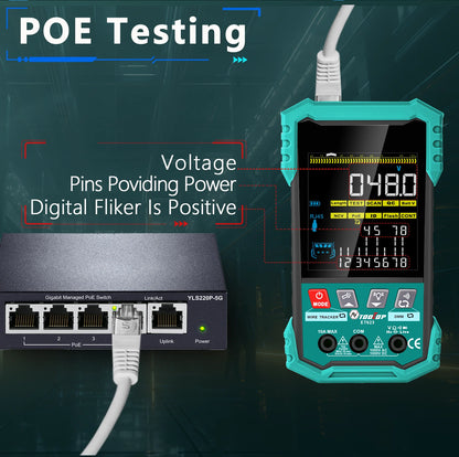 TOOLTOP 3,2-calowy wielofunkcyjny tester kabli sieciowych 400M z testem POE, mapowaniem kabli LAN, multimetrem, NCV i lokalizatorem linii telefonicznych