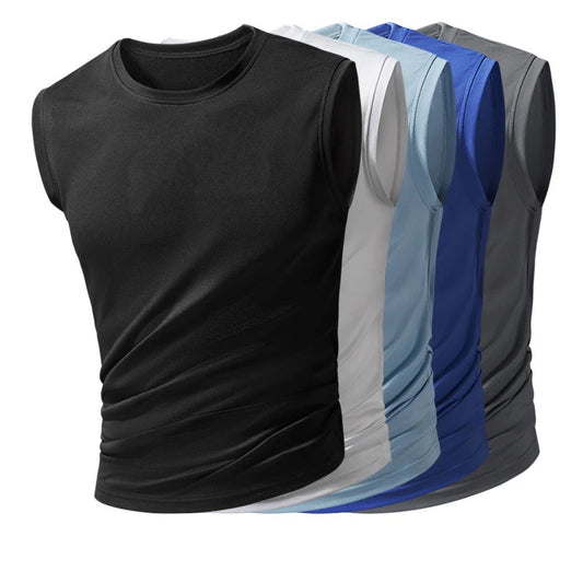 Men's new ice silk sleeveless vest fitness sports running T-shirt solid color breathable loose large size figure short sleeve