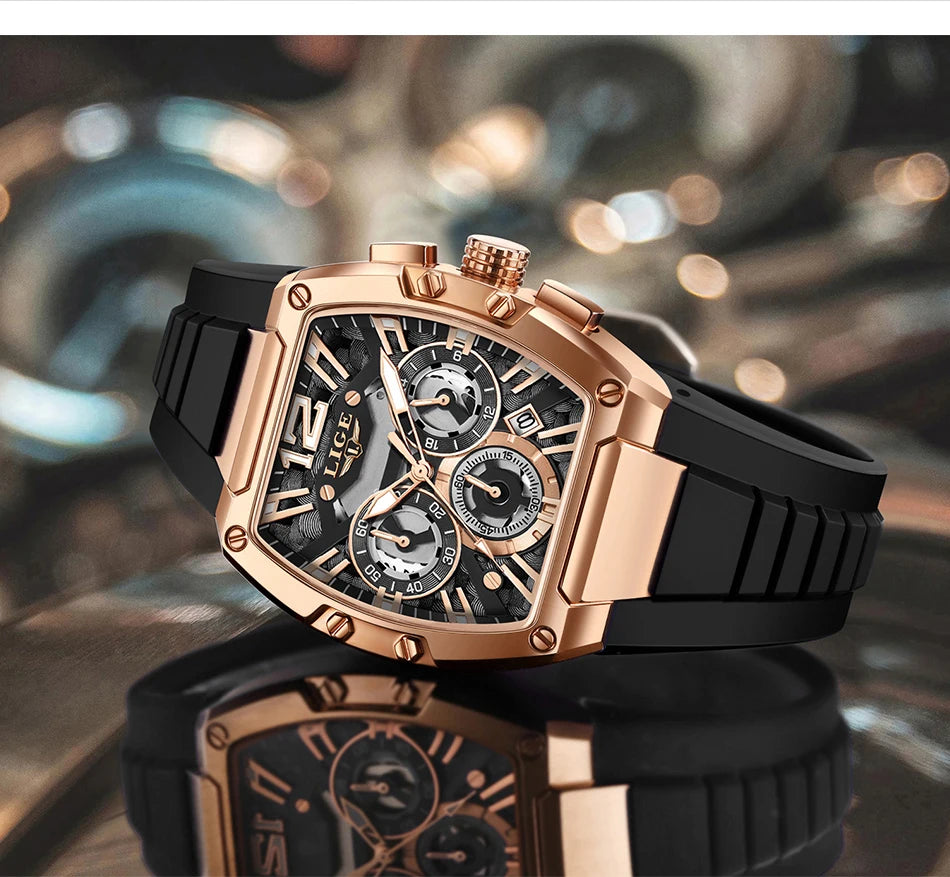 LIGE Sports Man Watch Tonnea Hollow Design Quartz Men Wristwatches Chronograph Waterproof Luminous Silicone Strap Watches Male