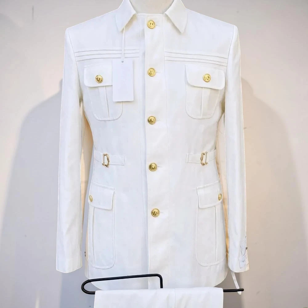 Safari Suits for Men with Stand Collar 2 Pieces Single Breasted Wedding Suit Gold Buttons Formal Casual Groom Prom Wear