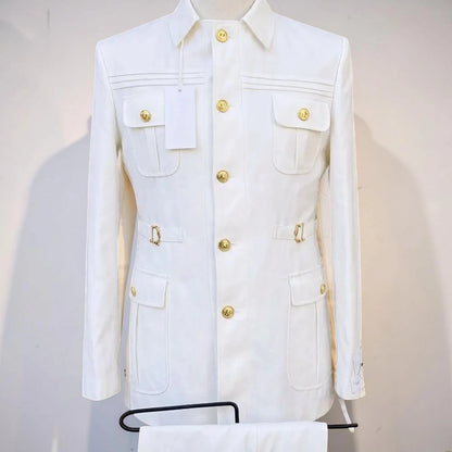 Safari Suits for Men with Stand Collar 2 Pieces Single Breasted Wedding Suit Gold Buttons Formal Casual Groom Prom Wear