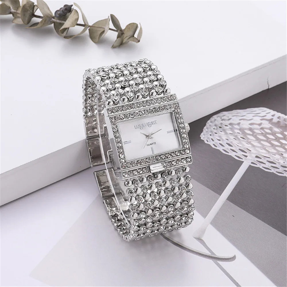 Luxury Simple Square Diamond Encrusted Women's Quartz Watch Gold Skeleton Fashion Women's Clock Gift Dress Wristwatch