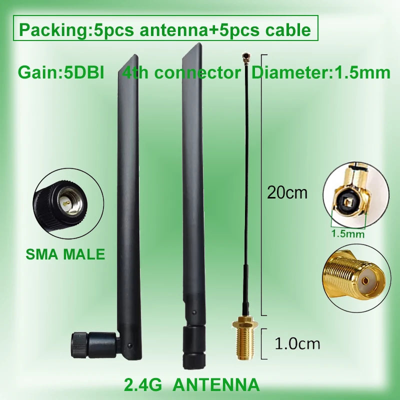 Eoth 5pcs 2.4GHZ rubber antenne Gain 5dbi SMA male px4 to SMA female extension cable for zigbee router meshtastic network largo