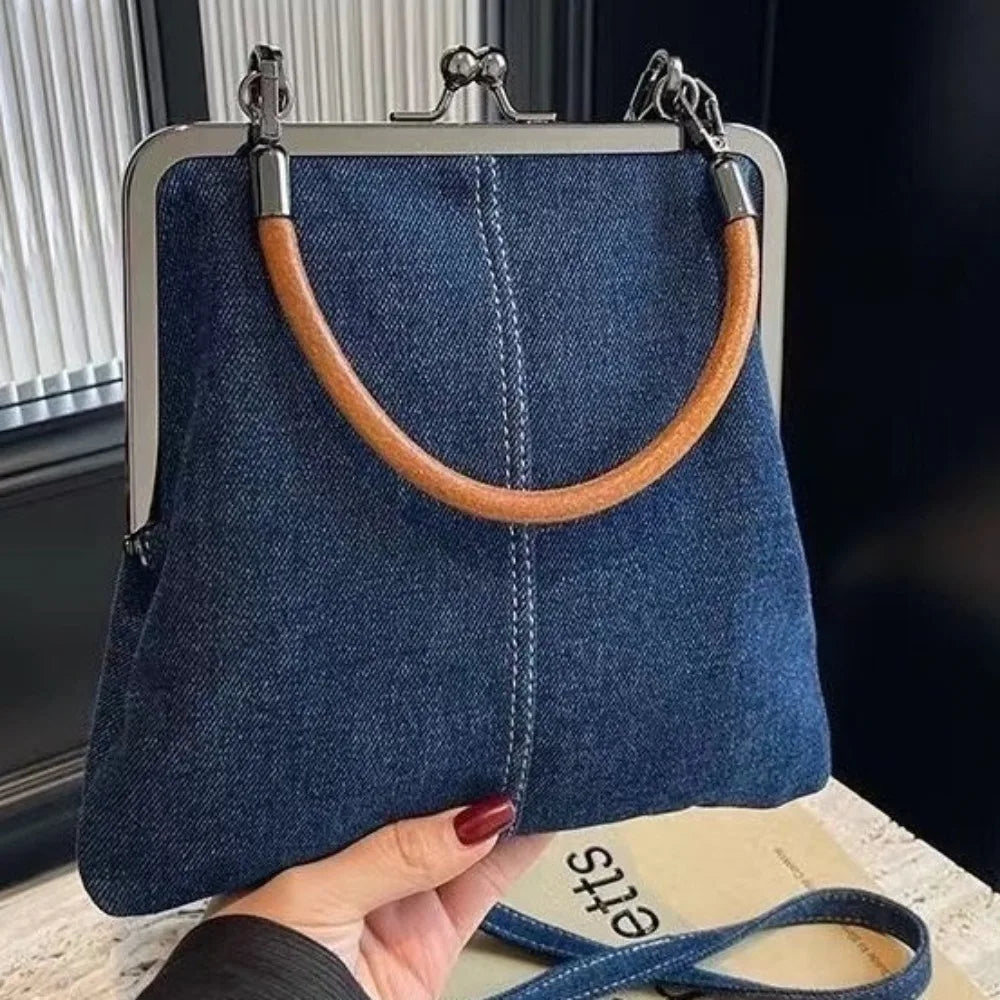 New Vintage Style Women Handbag Fashionable Navy Blue Designer Shoulder Bag Versatile Lady‘s Denim Purses Crossbody Bags