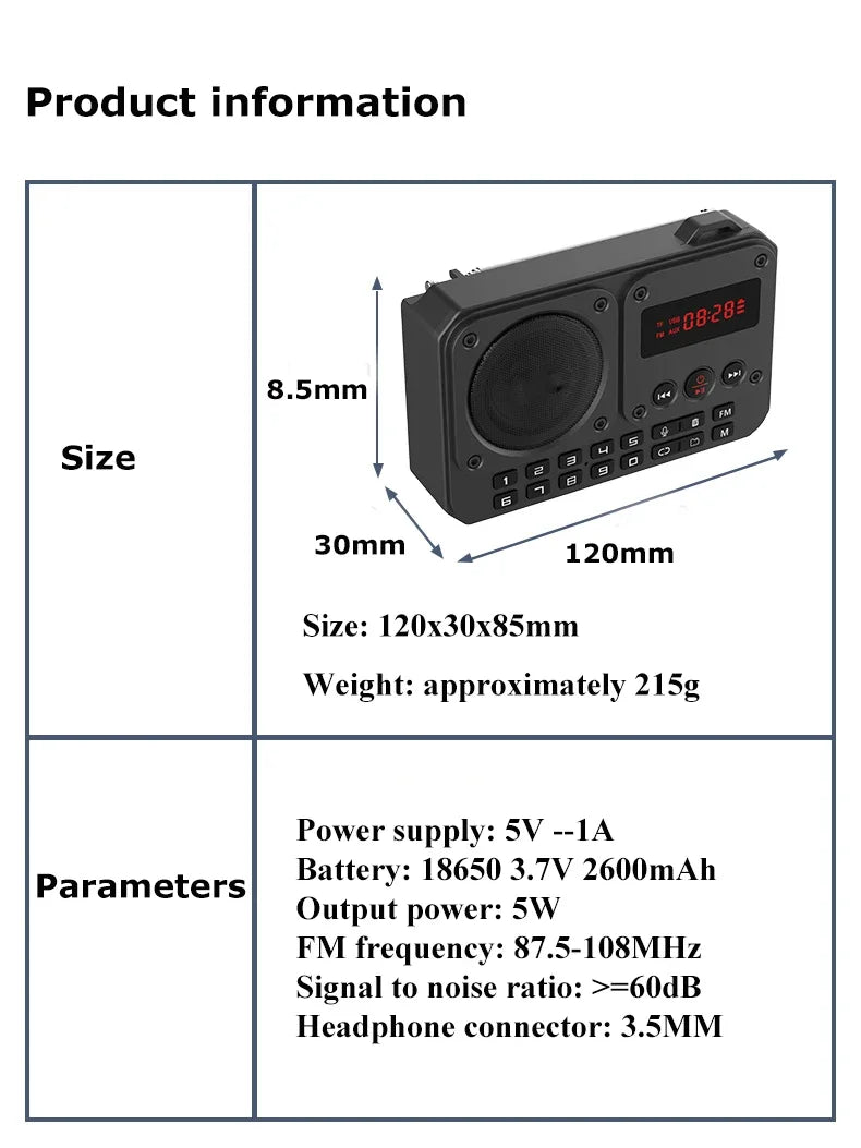 Mini Portable FM Radio Multifunctional Radios Bluetooth Speaker Recorder with LED Display Folder Switching TF Card U Disk Play