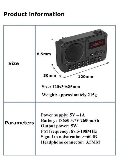 Mini Portable FM Radio Multifunctional Radios Bluetooth Speaker Recorder with LED Display Folder Switching TF Card U Disk Play