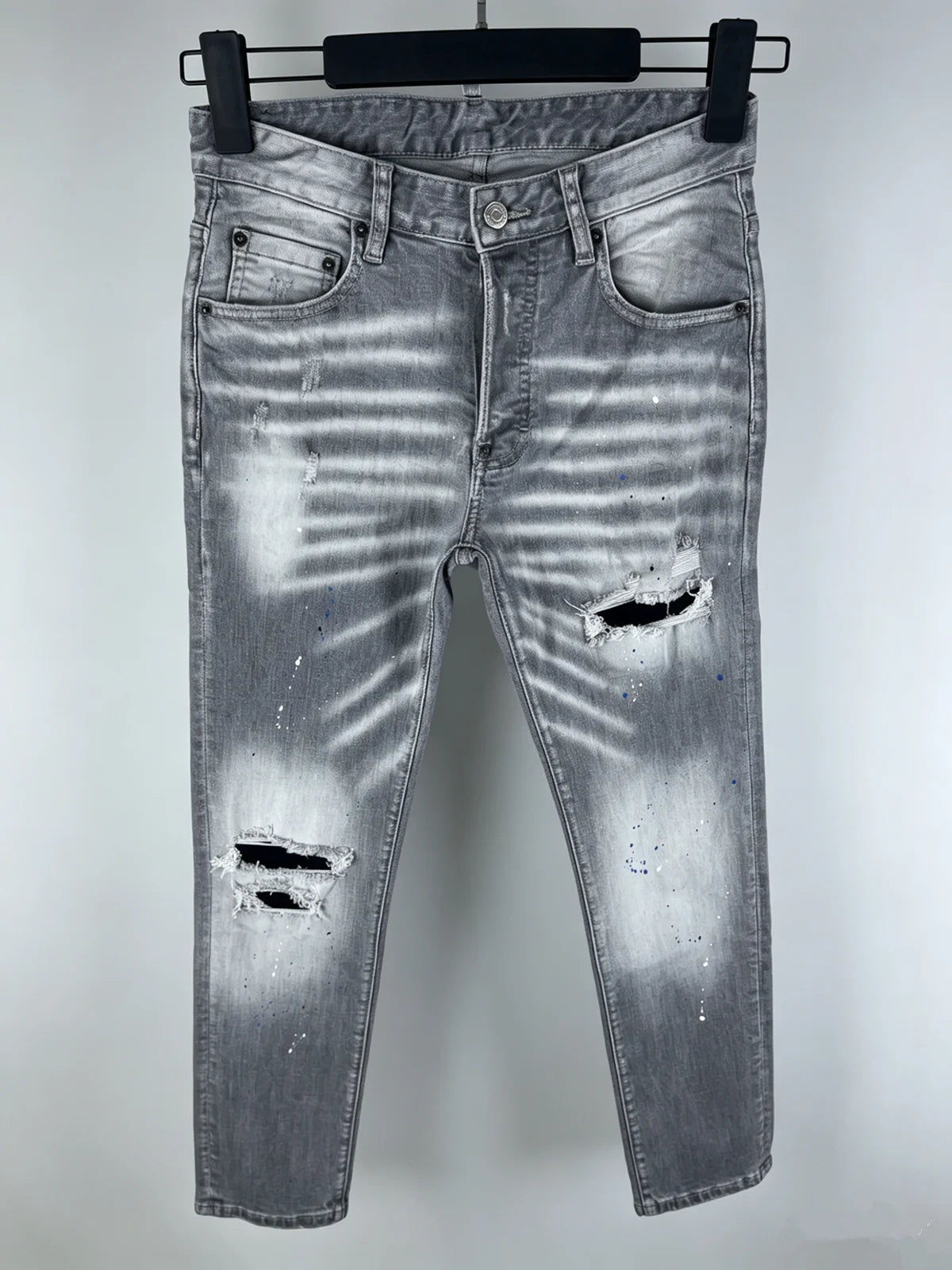6060 Four Seasons New Men's Washed Ripped Patch Old Slim-fit Straight Black Jeans for Men
