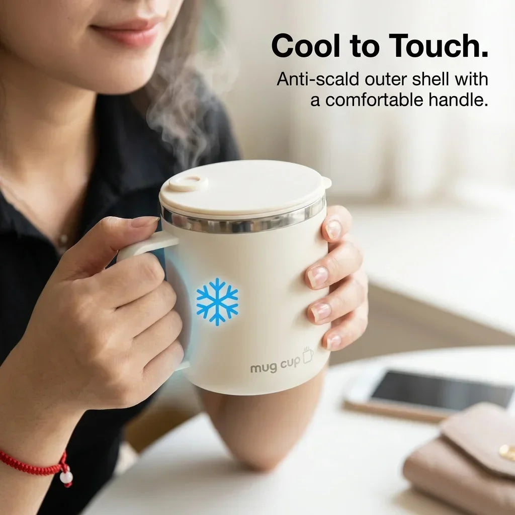 Double Wall Insulated Coffee Cup Outdoor 304 Stainless Steel Coffee Mug With Handle&Sliding Lid 400ML Sealed Thermal Water Cup