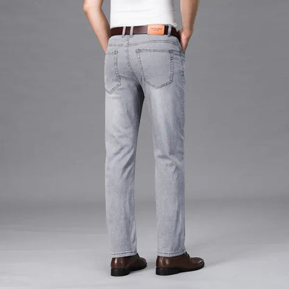 2026 Summer Brand Business Casual Men's Straight Denim Softener Lightweight Jeans Classic Embroidered Cotton Stretch Thin Pants
