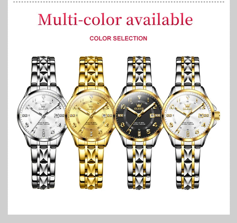 OLEVS 2910 Original Quartz Watches for Women Rhombus Steel Strap Waterproof Luminous Calendar Elegant Luxury Ladies Wristwatches