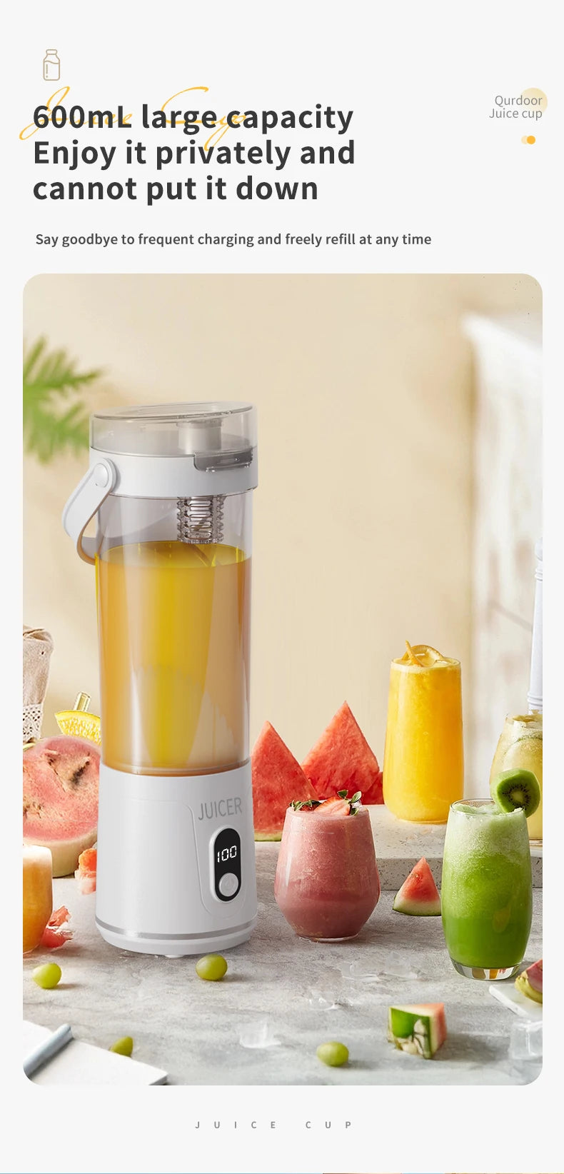 Portable 600ML Juicer Cup 12 Blades for Shakes Smoothies Rechargeable USB Traveling Fruit Juicer Double Cup Fruit Blender