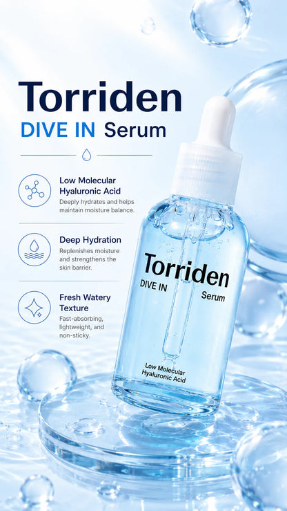 Torriden DIVE-IN Low-Molecular Hyaluronic Acid Serum 50ml,Featherlight,Moisture Retention Aid,Korean Skincare,for Korean Makeup