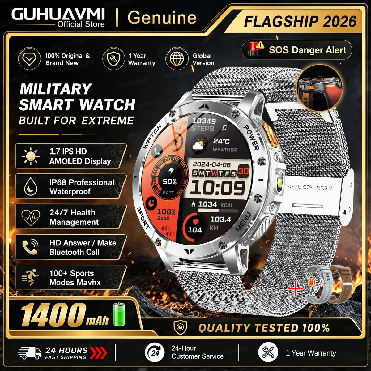 1400mAh Large Battery Military Smart Watch Men 1.7"HD Bluetooth Call 10ATM Waterproof LED Flash SOS Health Monitor Sport Watches