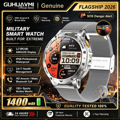 1400mAh Large Battery Military Smart Watch Men 1.7"HD Bluetooth Call 10ATM Waterproof LED Flash SOS Health Monitor Sport Watches
