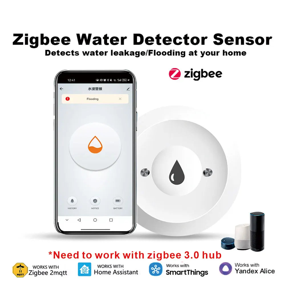 ZigBee Smart Water Leak Sensor Water Overflow Level Detector Security Alarm System Flood Leakage Sensor Google Home 2MQTT