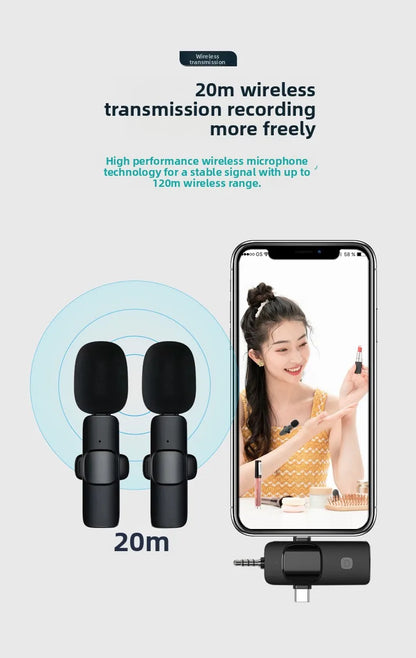 Wireless Lavalier Microphone 1 to 2 with Reverb Monitor Auto Noise Reduction for Video Live Streaming Vlog