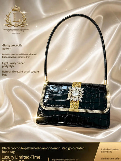 Purely Handmade Luxury High-End Women's Shoulder Bag with Heavy-Duty Diamond Embellishment, European and American Classic Style Gold Moissanite Rhinestone Bag, Fixed Shoulder Strap Crocodile Pattern Pu Backpack, Sparkling Rhi