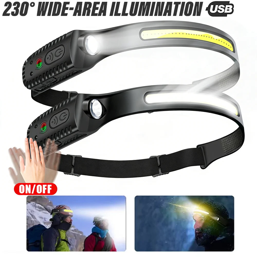 Indukcyjna latarka czołowa COB LED, ładowana przez USB, z wbudowanym akumulatorem, 5 trybów świecenia, lampka do użytku zewnętrznego, awaryjnego, wędkowania