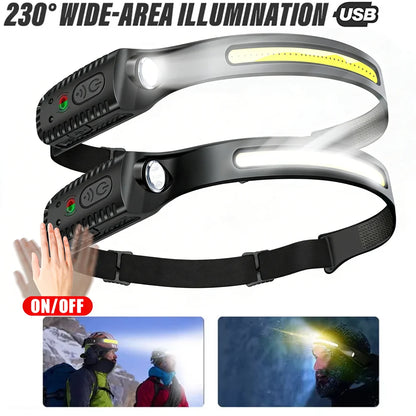 Indukcyjna latarka czołowa COB LED, ładowana przez USB, z wbudowanym akumulatorem, 5 trybów świecenia, lampka do użytku zewnętrznego, awaryjnego, wędkowania