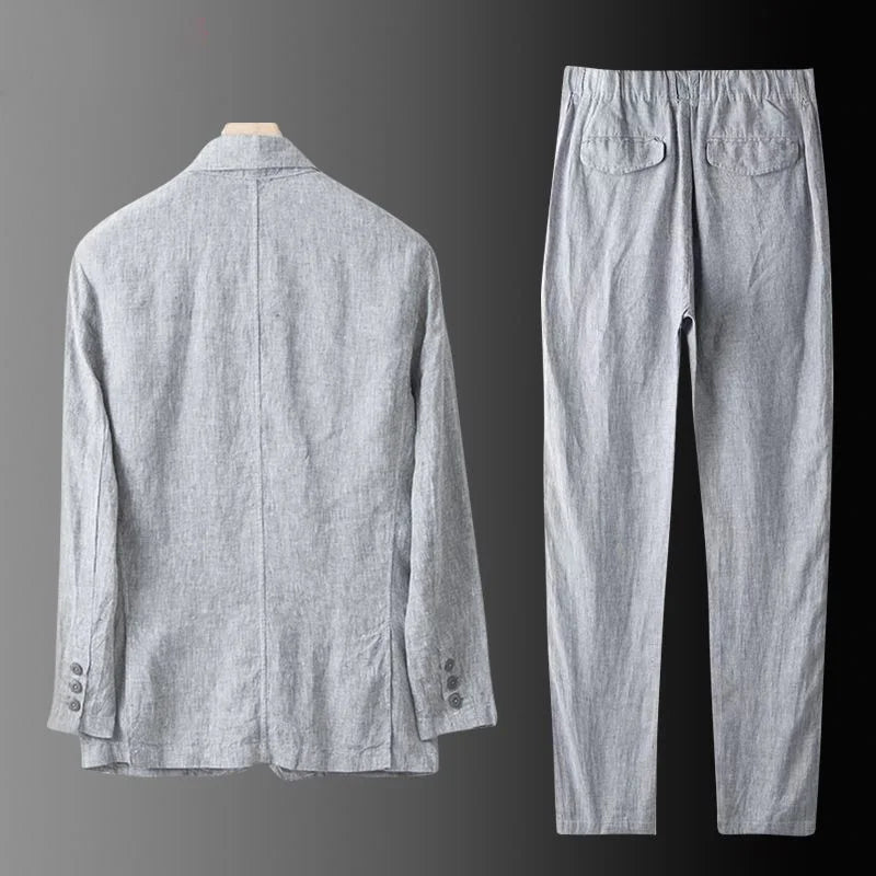 High Quality Men Blazer Jacket and Pants Man Linen Blazer  2 Piece Suit Spring Summer Thin Style Fashion Casual Set Long Sleeve