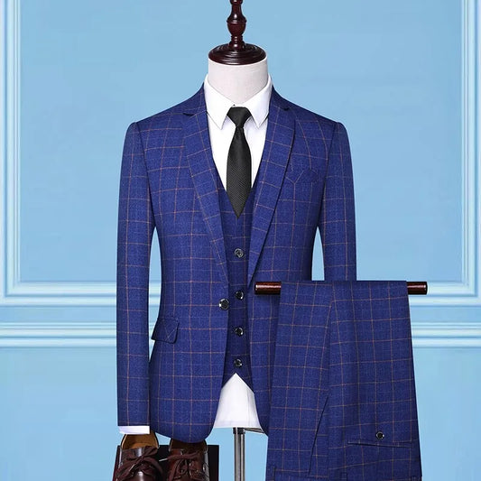 Men's Handsome Business Casual Plaid Three-Piece Set High-End Suit Fashion with Vest And Trousers for Wedding