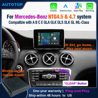 AUTOTOP Wireless CarPlay Android Auto Upgrade Adapter for Mercedes Benz A B C E CLA GLA GLK ML Sprinter NTG4.5 Becker Car AI Box, Airplay Android Mirror GPS BT, SWC Steering Wheel Control, Plug & Play Keep Original Factory Sy