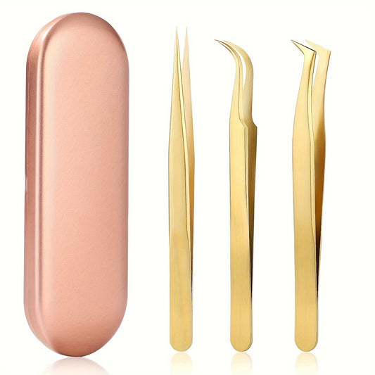 High Precision Eyelashes Tweezers Set - Includes 3 Stainless Steel Eyelash Tweezers for Makeup Classic Individual and Lash Exten