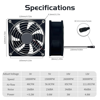 High Speed Axial Muffin Fan 110V 120V AC 120mm x 38mm Dual Ball for DIY Cooling Ventilation Exhaust Projects