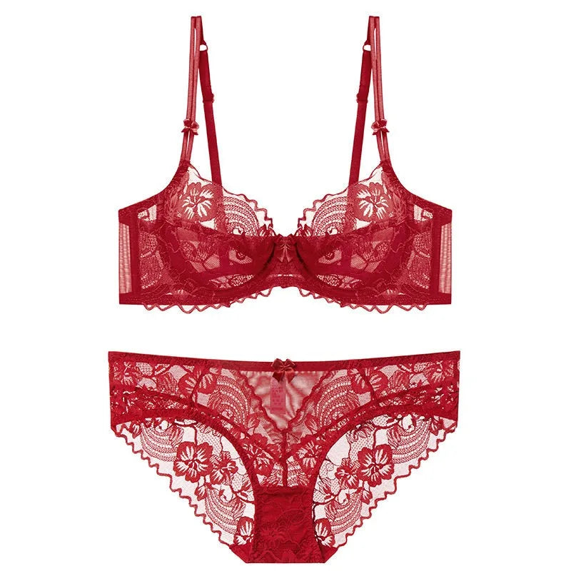 Chic French Ultra-thin Lace Lingerie Set, Large Breasts See-through Underwire Bra,small Bust Lift Elegant Soft Feminine Set S-xl