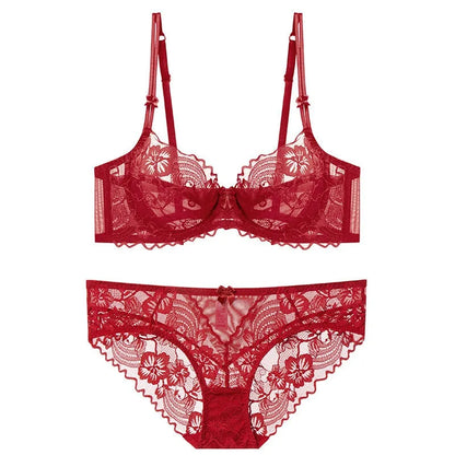 Chic French Ultra-thin Lace Lingerie Set, Large Breasts See-through Underwire Bra,small Bust Lift Elegant Soft Feminine Set S-xl