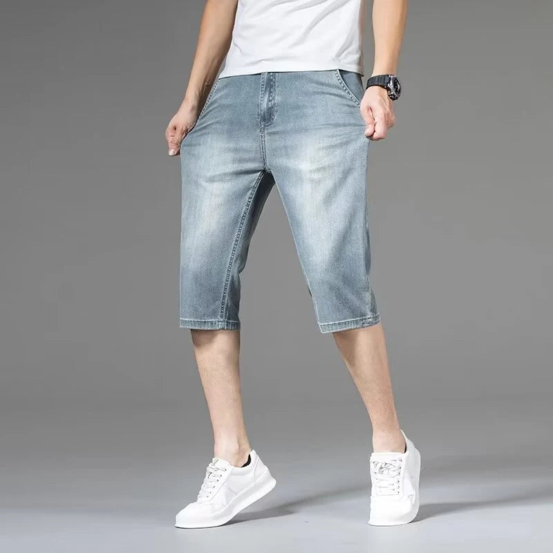Summer Men High Quality Lightweight Capri Pants Male New Loose Straight Leg Denim Pants Daily Comfortable Versatile Jeans
