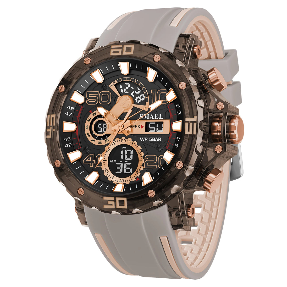 SMAEL 8136 Dual Display Military Watch for Men - 50M Waterproof LED Alarm Chronograph Stopwatch Shock Resistant