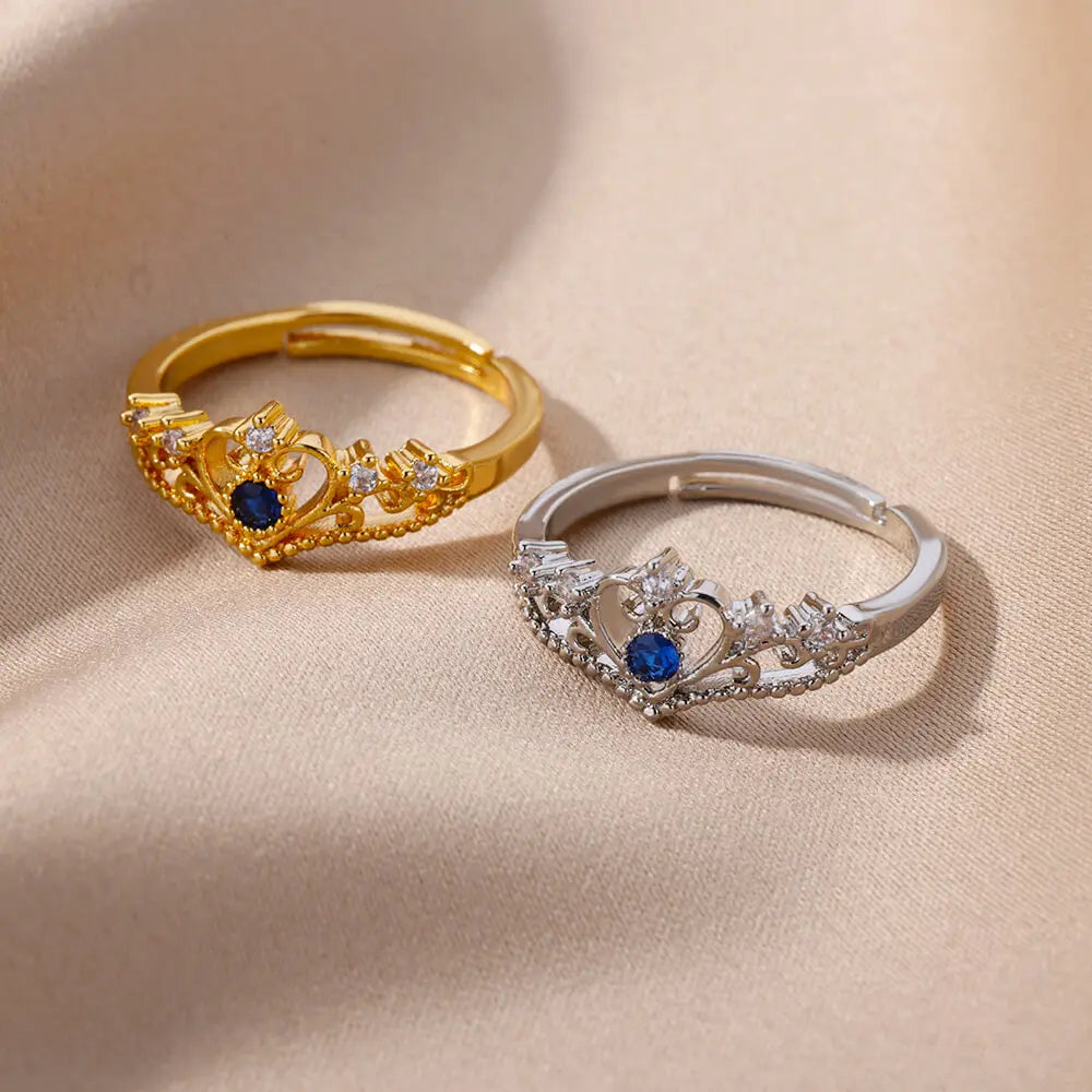 Blue Zircon Crown Rings For Women Stainless Steel Gold Color Adjustable Crown Ring 2026 Trend Design Female Wedding Jewerly Gift